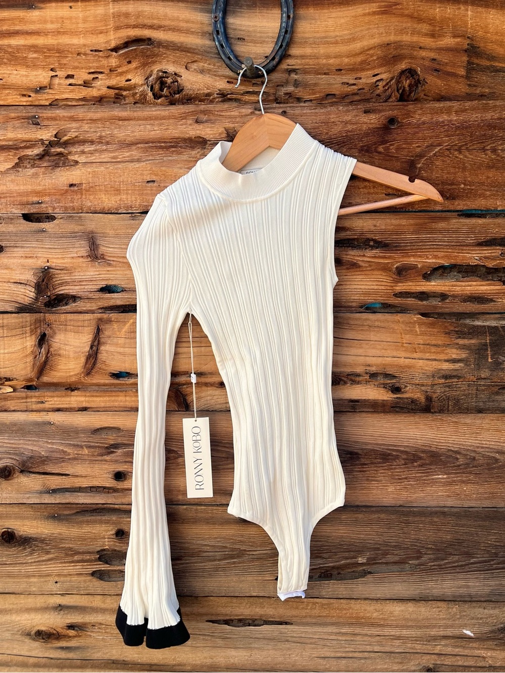 RONNY KOBO | NWT Ribbed Cream Bodysuit with Black Cuff Detail XS